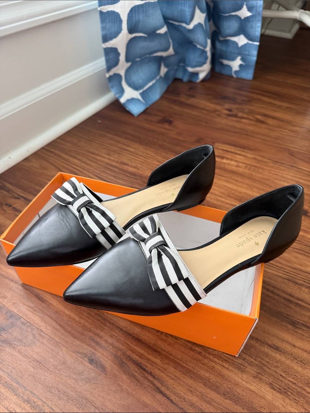 kate spade Black Pointed-Toe Flats with Black & White Striped Bow - Picture 5 of 5